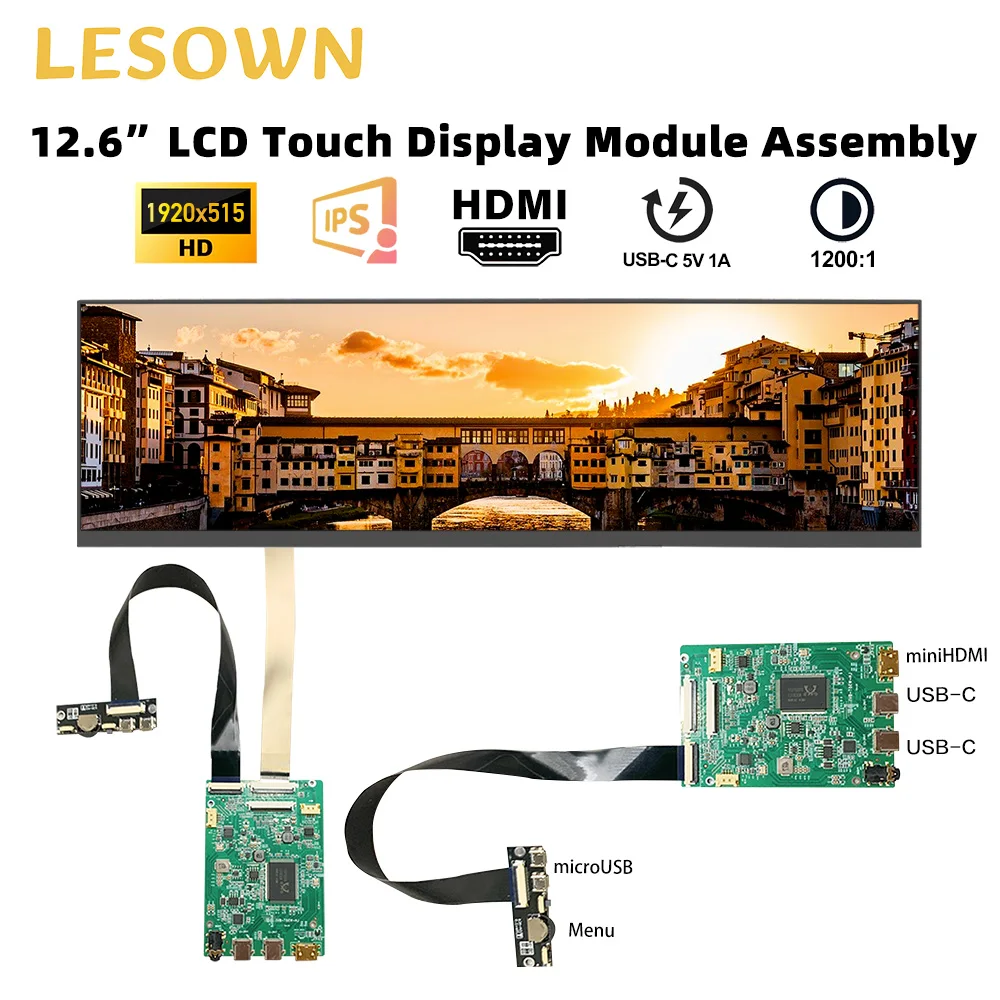 LESOWN 12.6 Inch MiniHDMI USB C LCD Elongated Display Screen Module 1920x515 Panel for IoT Devices DIY Projects Car Computer