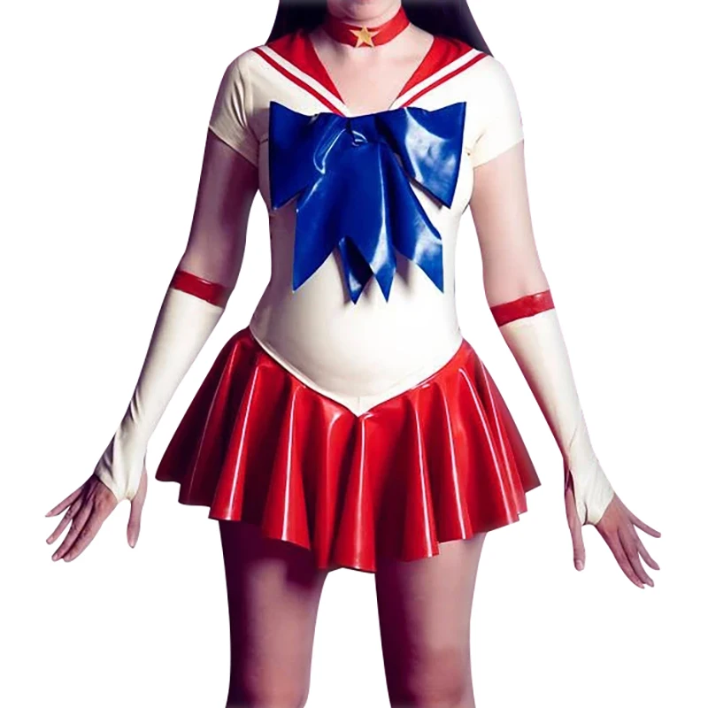 Red And White Blue Sexy Sailor Latex Uniform Bodysuits Dresses Long Gloves Bows Trims Decorations Playsuit Bodycon LYQ-0347