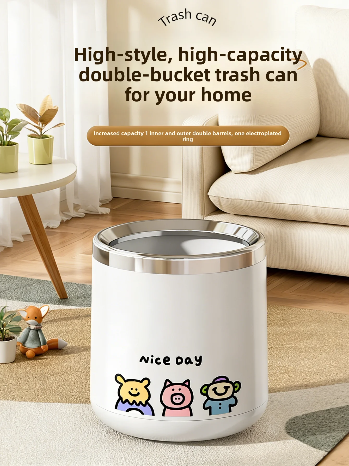 

Luxury Cartoon Electroplated Large Capaci Kitchen Living Room Batoom Tra Can Home Use High End Tra Bin Plastic Long C...