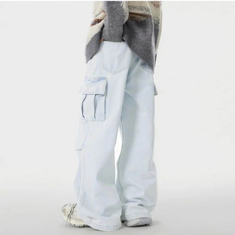 

American Wide Leg Work Denim Jeans Men ins Light Wash Loose Straight Multi-Pocket Drag Pants