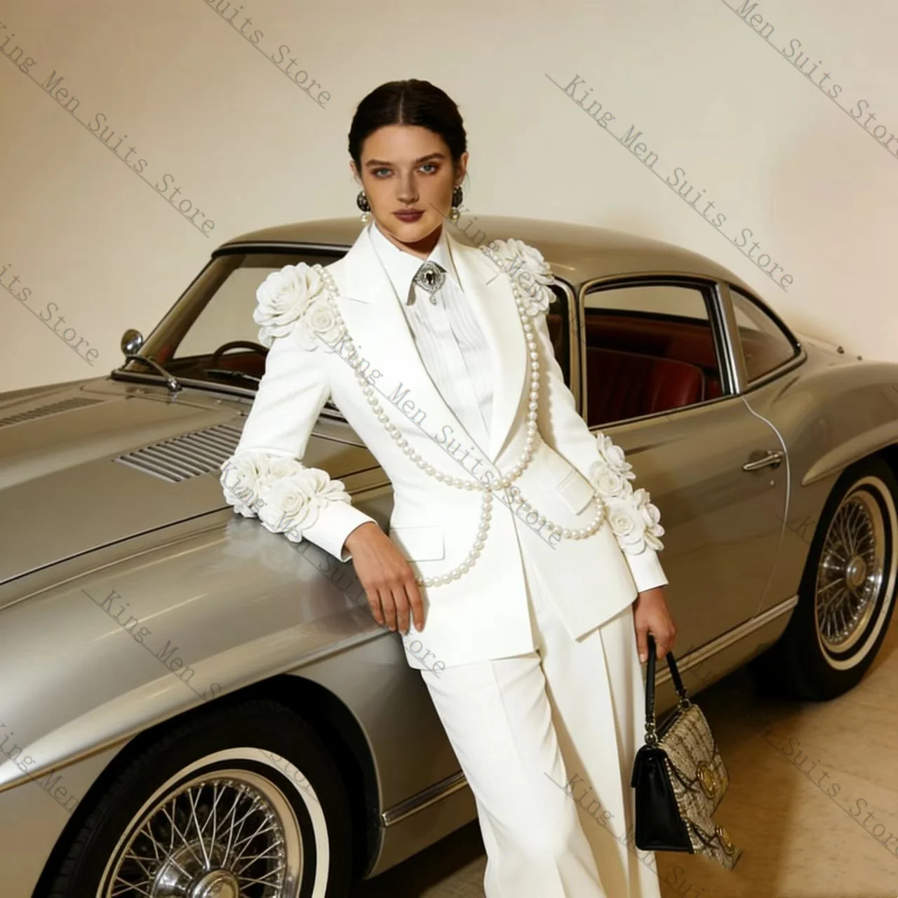 Luxury White Women Suit Set 2 Pcs Blazer+Pants Trousers Crystals Customized Formal Office Wedding Tuxedos Coat Prom Jacket