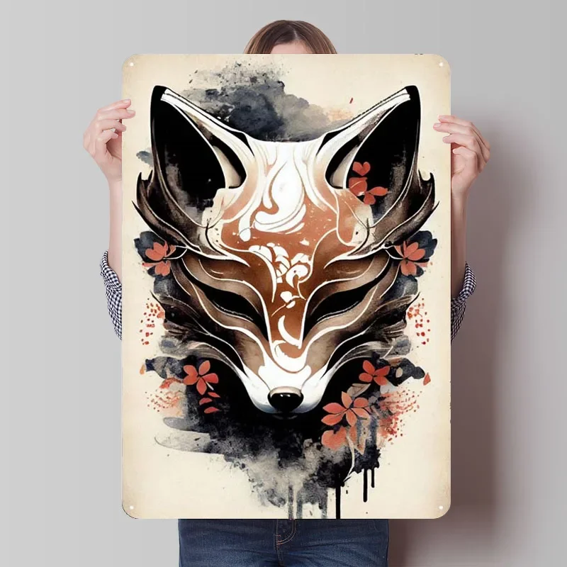 Kitsune Fox Mask Ink Wash Metal Poster Custom Sign Vintage Metal Tin Sign Plaques for Living Room Wall Art Decoration Retro Home