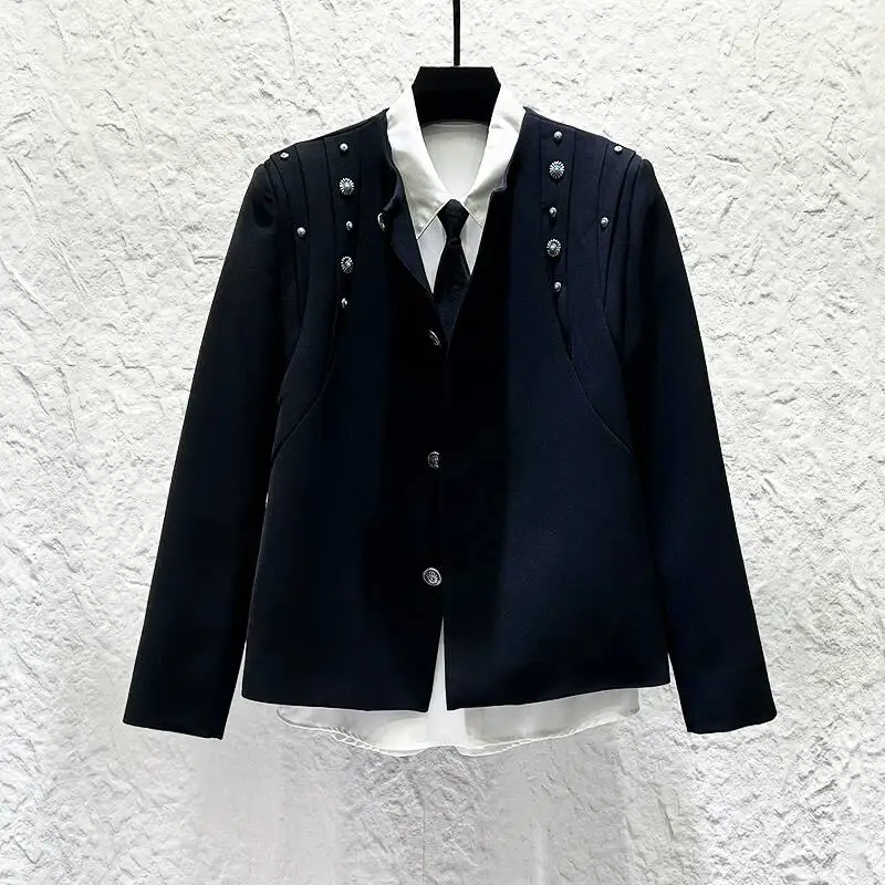 Round Collar Turquoise Rivet Decor Men's Jacket Padded Shoulder Vintage Street Spring Autumn Casual Outerwear NF6B