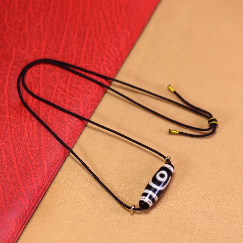 5A Grade Tibetan Natural Genuine Old Mine Raw Stone Agate Calcified Two-Eyed Dzi Bead Clavicle Necklace, approximately 13*36mm