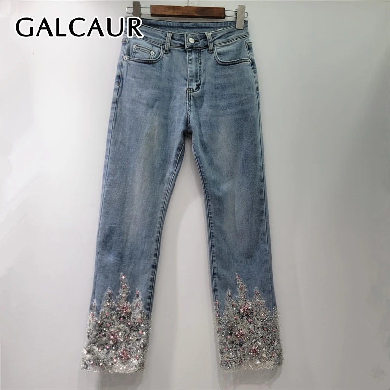 

GALCAUR Solid Slimming Spliced Bead High Street Jeans for Women Patchwork Pockets Elegant Pants Female Fashion Clothing Style