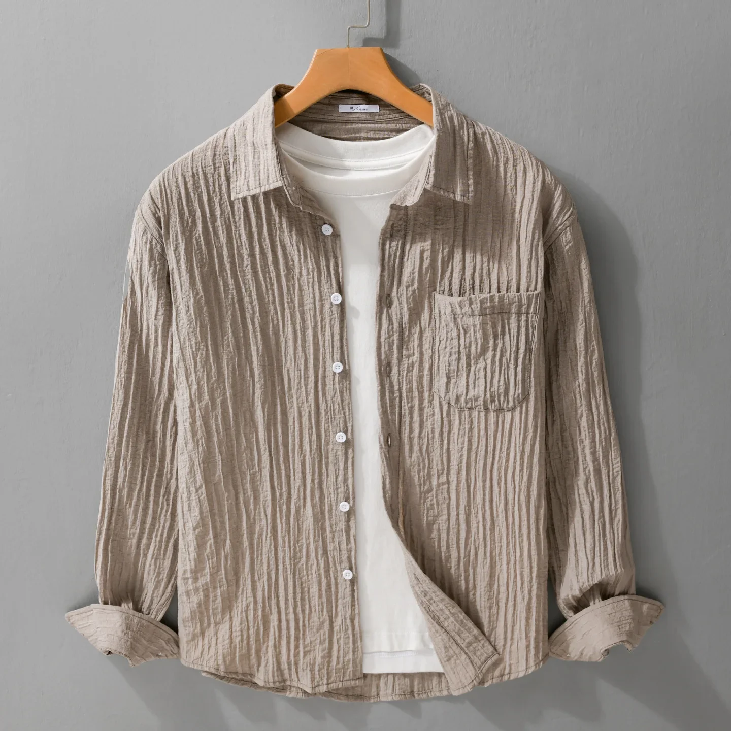 

Lazy Style Harajuku Men Pleated Shirt Long Sleeve Spring Summer New Mens Shirts Lapel Pocket Casual Shirts Beach Tops Breathable