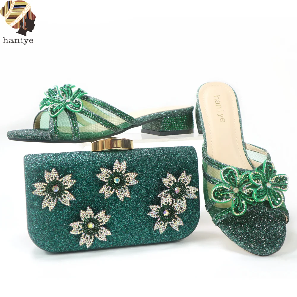 2022 Green Flowers Wedding Party Sandal With Shiny Purse Clucth Bag Low Heels Matching Handbag In African Style