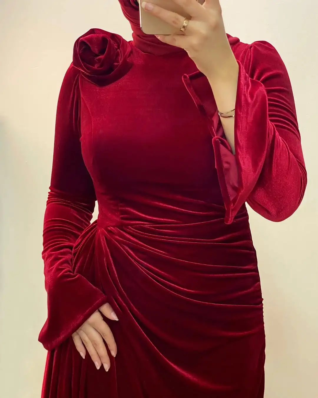 MD Elegant Rose Red Velvet Evening Dresses O-Neck Dubai Arabic Women Long Sleeve  Prom Gowns Vestidos De Fiesta Customized 2025