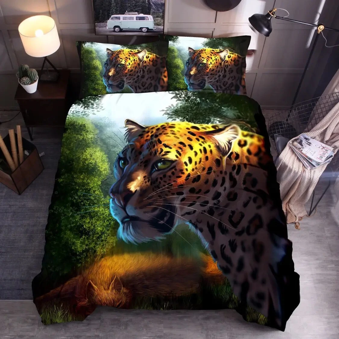Wilderness Theme Bedding Set Wolf Tiger Leopard Print Cozy Duvet Cover King Queen Twin Single Size Birthday Gift Bedroom Decor