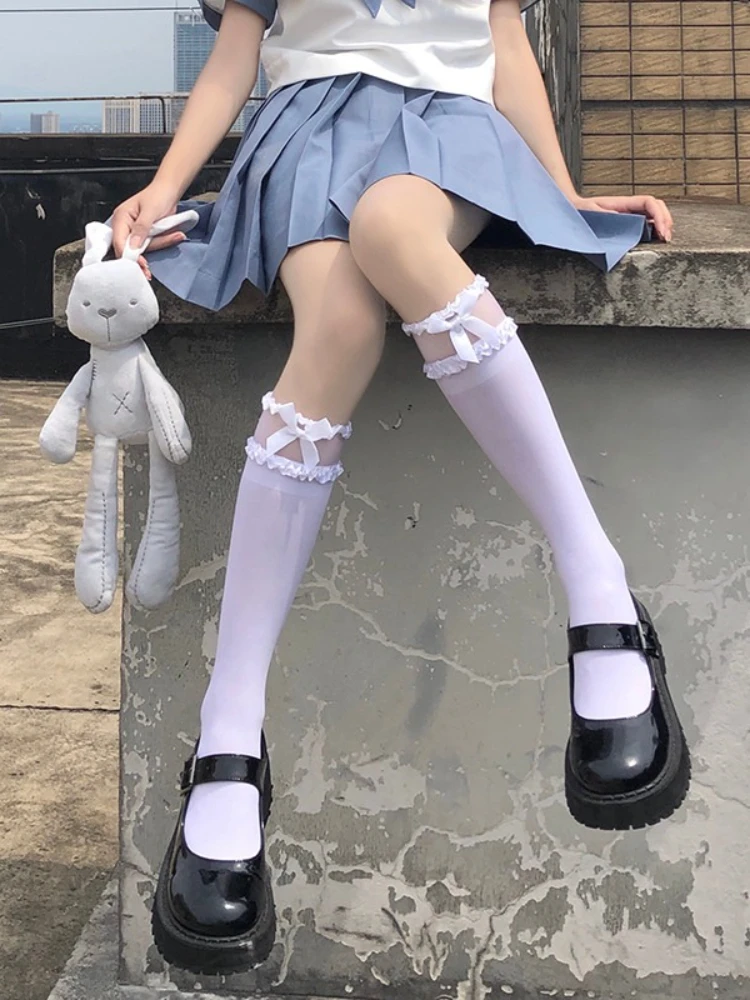 Bas d'uniforme de Cosplay Anime JK, chaussettes hautes en dentelle à bord ébouriffé pour femmes, chaussettes à nœud de couleur unie Preppy de Style japonais