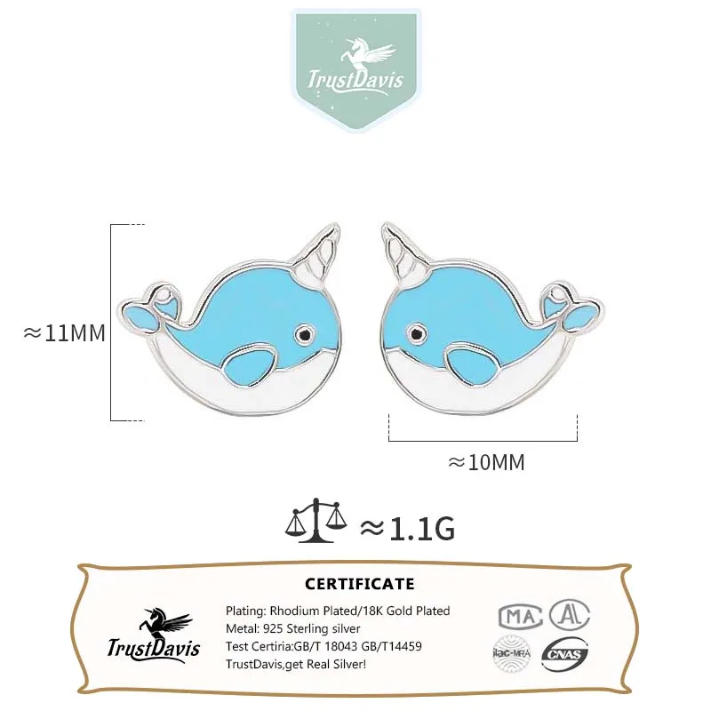 TrustDavis Girls 100% 925 Sterling Silver Blue Whale Stud Earrings For Women Young Daughter Birthday Party Jewelry Gift DS4546