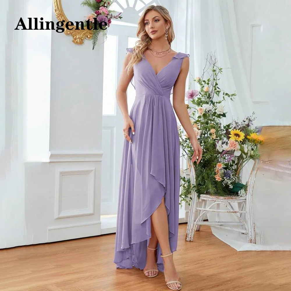 Allingentle Ruched V-Neck Asymmetrical Hem Chiffon Bridesmaid Dresses 2024 A-Line Sleeveless Backless Zipper Back Evening Gowns