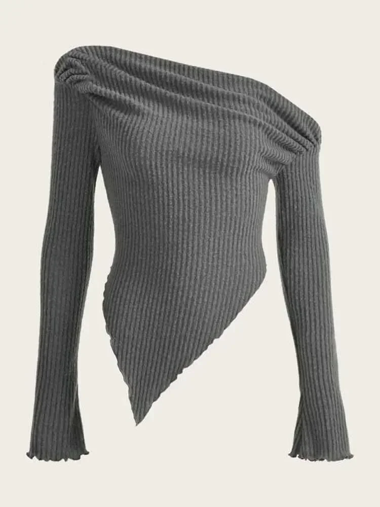 

Women Solid spring Autumn Grunge Asymmetrical Neck Rib-knit Tee Strapless Blouse Long Sleeve Casual Sweater Handkerchief Hem
