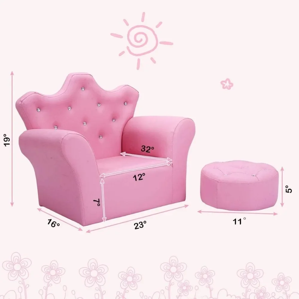 Canapé rembourré avec pouf pour enfants, rose, garni de diamants