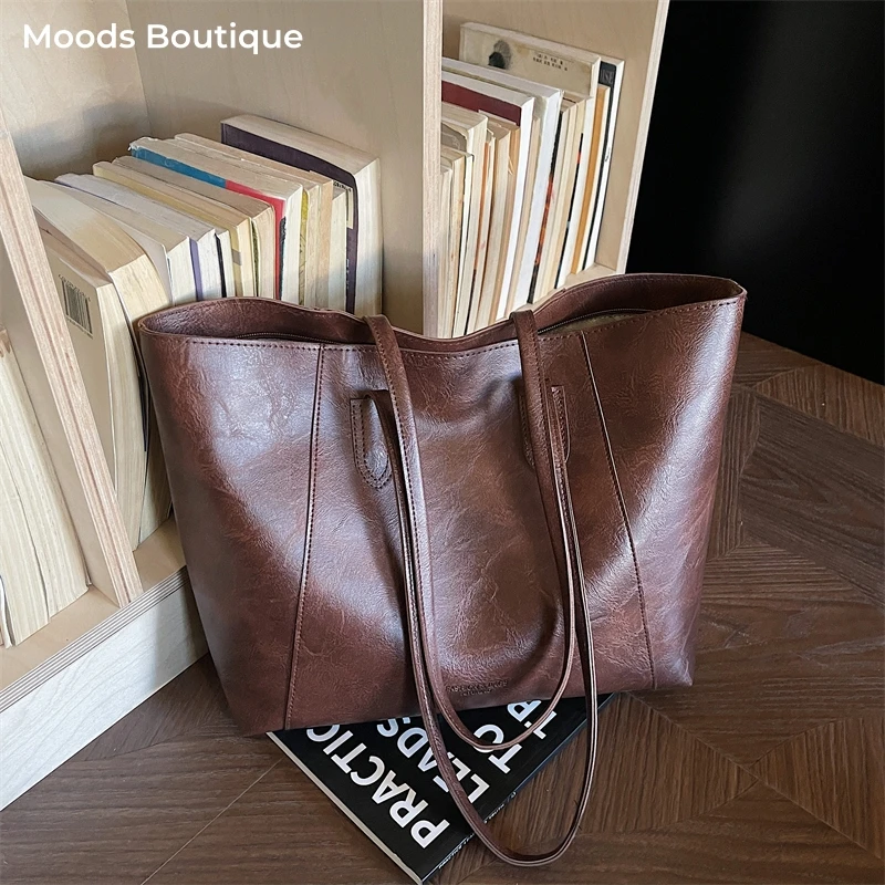 MOODS Retro Distressed Braune Vegane Leder-Tragetasche für Damen, große Kapazität, weiche Schultertasche, Alltagstasche, Shopper, Arbeitstasche