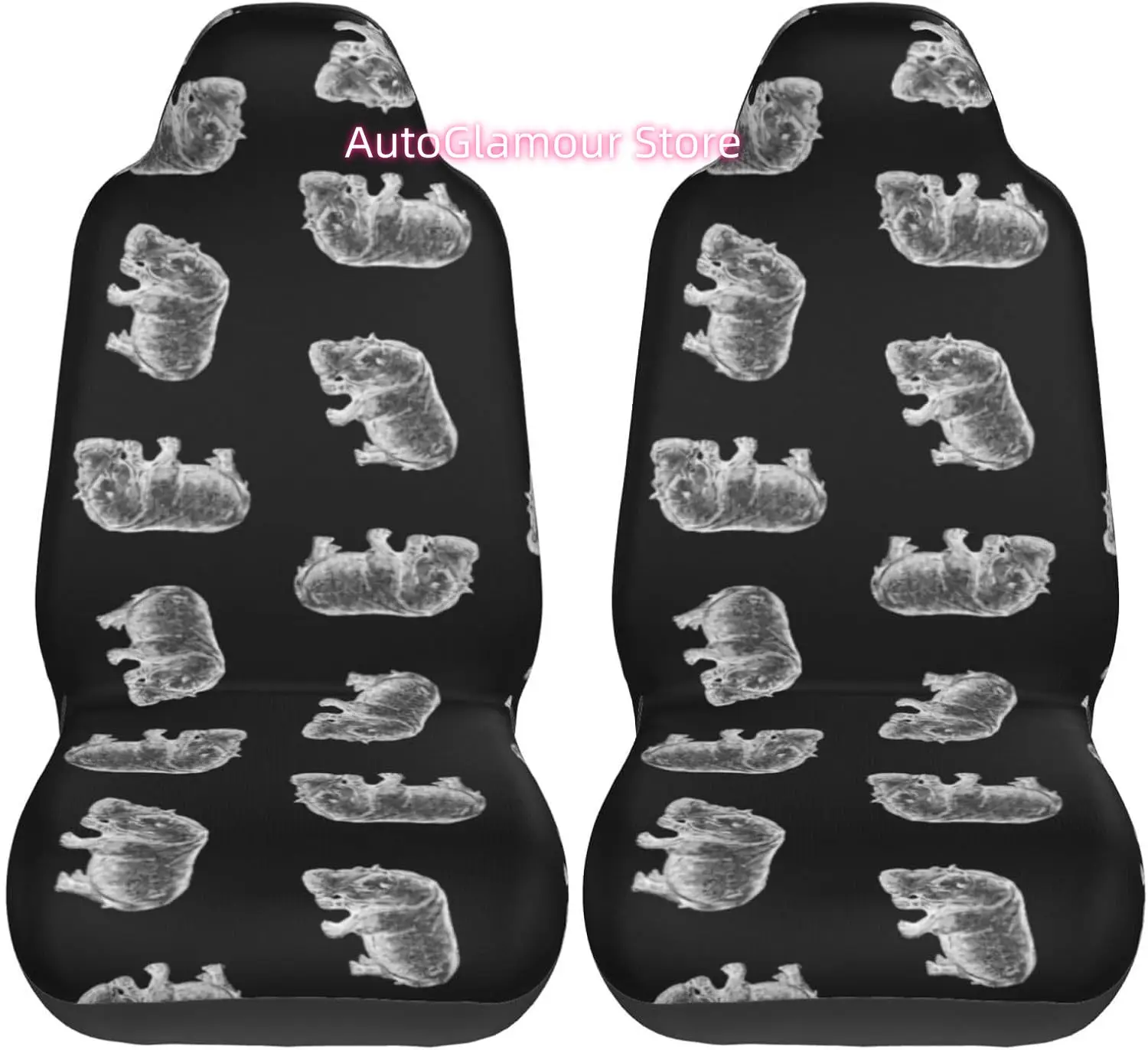 Vintage Hippo Print Pattern Hippopotamus Art Black 2-Piece   Seat Cover Complete Set - Elastic Seat Protection Cove