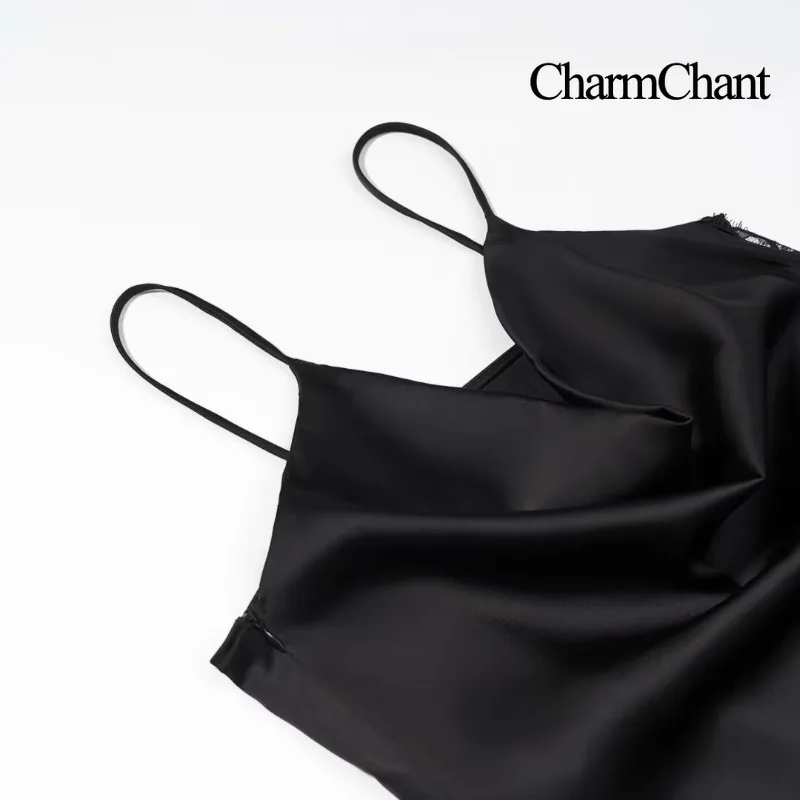 CharmChant-vestido negro de encaje satinado con cuello vuelto, dobladillo asimétrico, tirantes finos, vestidos de noche de fiesta sexys elegantes de lujo