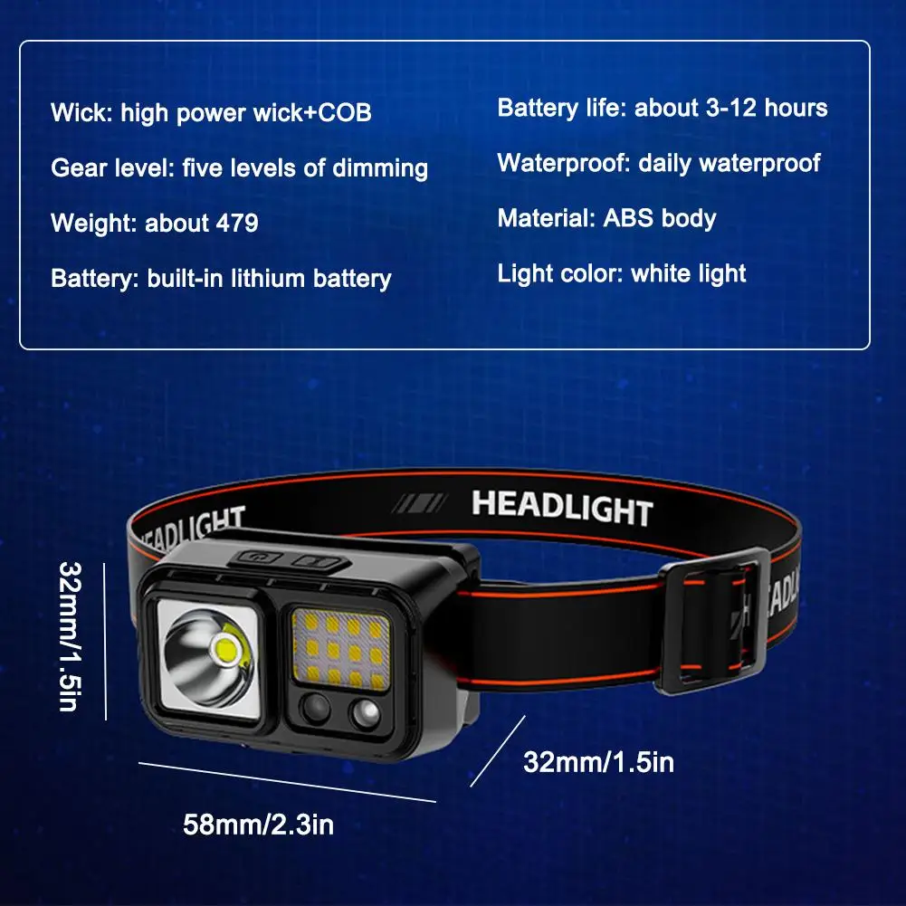 Portátil ao ar livre sensor montado na cabeça farol recarregável ao ar livre ciclismo luz de pesca com tipo-c cabo de carregamento de flash