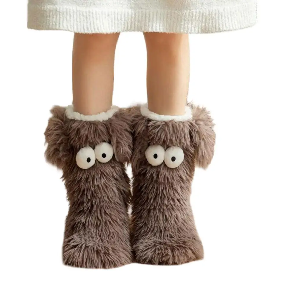 

Big Eyes Plush Slipper Socks Non Slip Sole For Women Girls Home Wear Winter Warm Fleece Lined Floor Socks