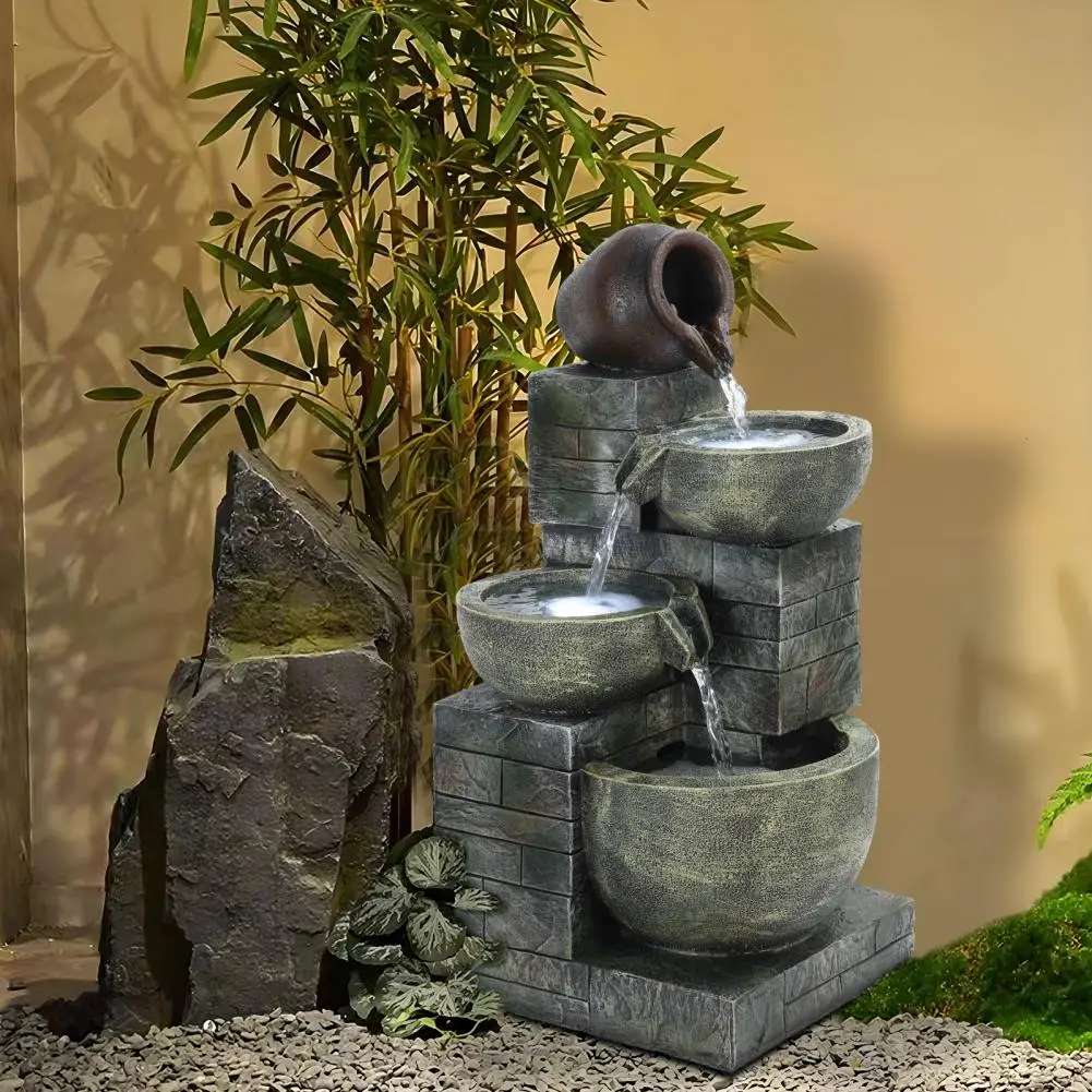 LED Light 4-Tiers Outdoor Garden Water Fountain, Cascading Bowls And Stacked Stones Water Fountain Water Features Fountain 50
