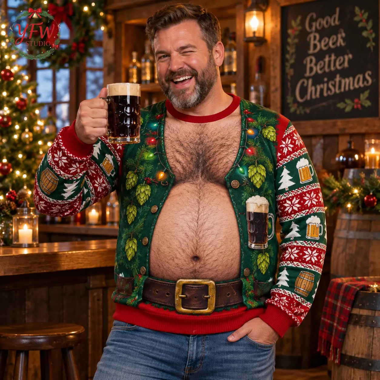 3D Print Beer Belly Pattern Funny Ugly Sweater for Men Merry Christmas Party a Humorous Gift for Husband Pullover Sweatshirt