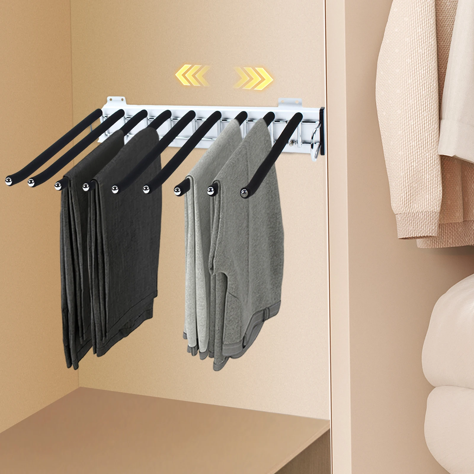 

Wardrobe Pants Organizer Right Installation Pull Out Trouser Rack Closet Pants Hanger 9 Arms Slide Out Pants Storage Holder