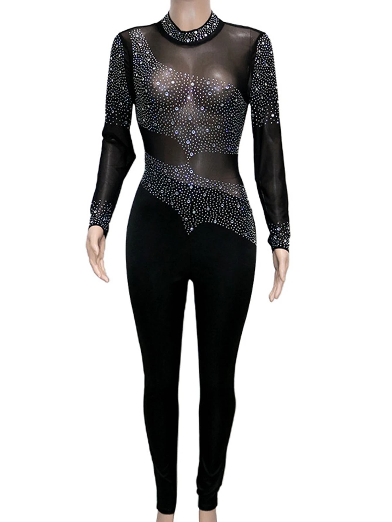 Sexy see through Rhinestone mesh bodycon jumpsuit women summer Long sleeve jumpsuits body birthday party club outfits bodysuit