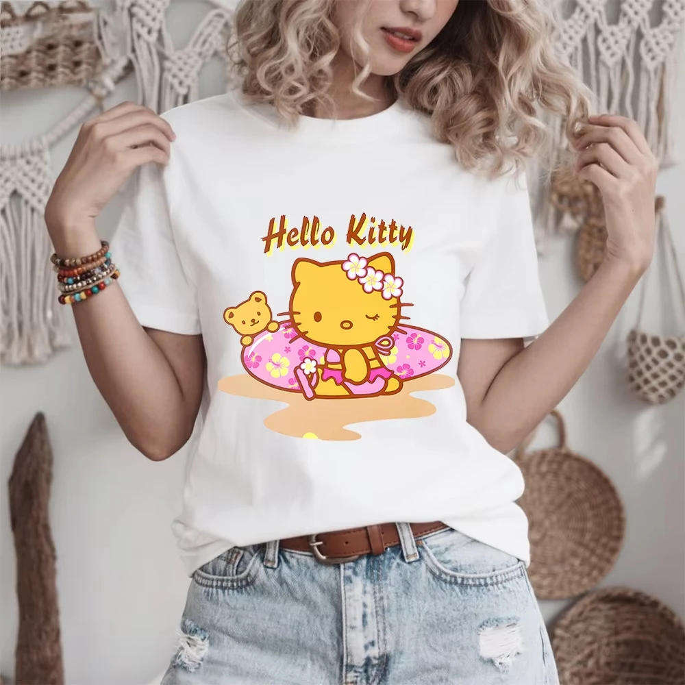 

2026 Hello Kitty Summer Surf Print Comfortable and loose summer children's family wear Casual T Shirt Soft Breathable