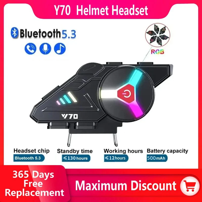 Y70 V5.3 RGB Colorful Lights Motorcycle Bluetooth Helmet Headset Earphone IPX6 Waterproof Support Connecting 2 Phones Same Time