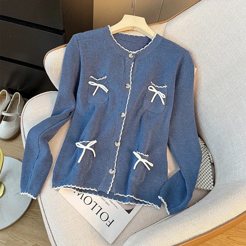 

Chic Korean Soft Bowknot Decor Sweater Cardigan Women's Round Neck Long Sleeve Casual Coat Autumn New Sweet Loose Knitted Tops