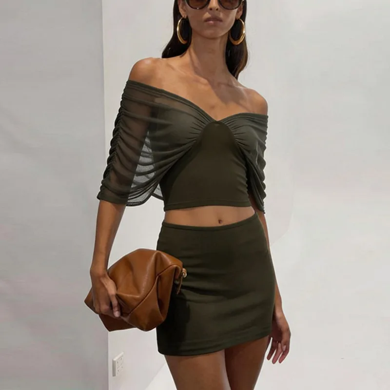 

Tuularose Summer Short Skirt 2-piece Set Sexy One Shoulder Mesh Top Slim Skirt Set New Casual Vacation Elegant Women's Dress Set