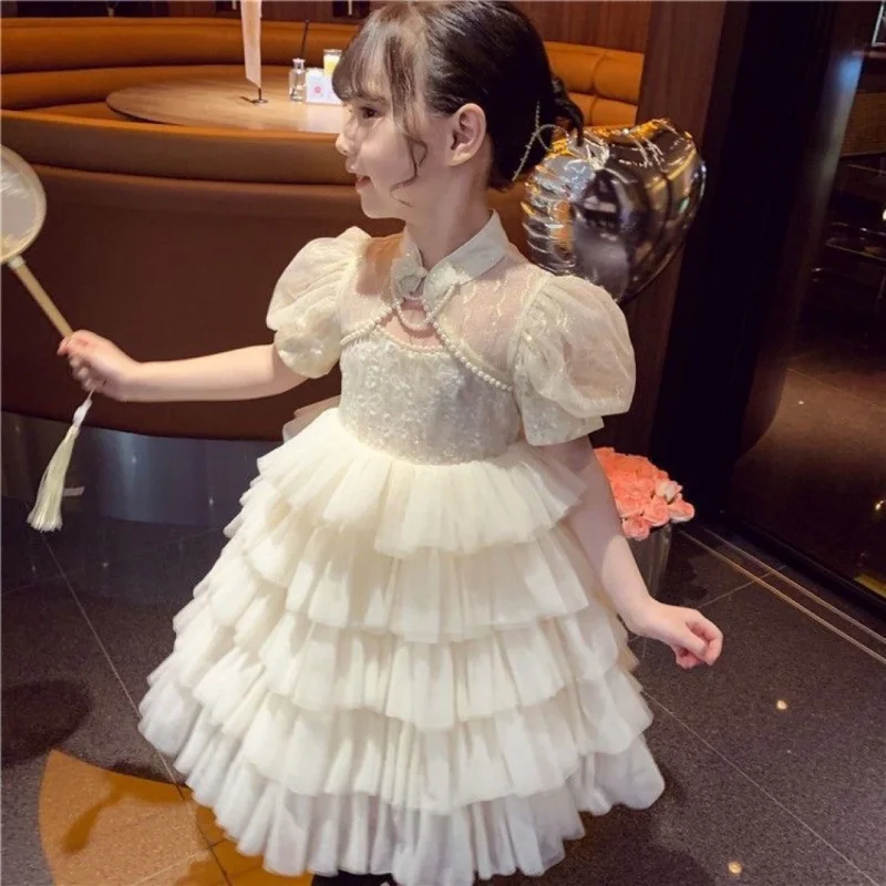 

Girls' Dress Chinese Style Girl Cheongsam Summer New Western Style Children's Puff Sleeve Mesh Princess Dress