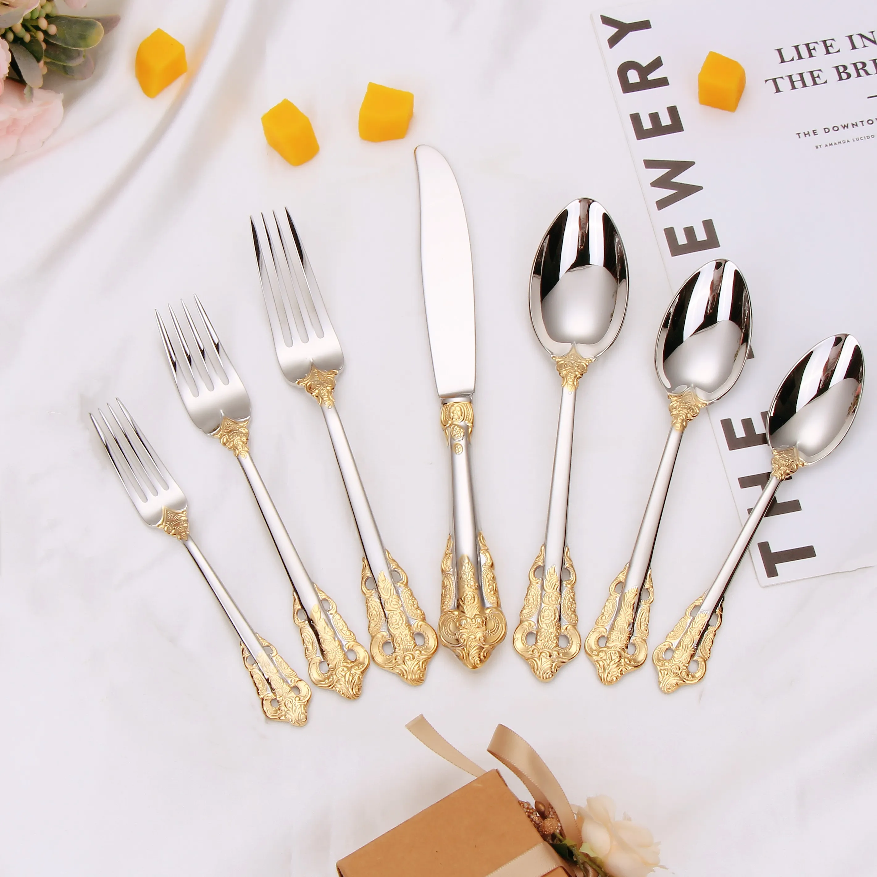 Vintage Flatware Set for 6 People, 24K Plated Stainless Steel, Hollow Handle Cutlery Set, Wedding Gift Dishwasher Safe