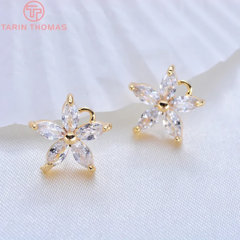 Flower Plated Stud Earrings com zircão, 24K cor do ouro, alta qualidade, DIY jóias fazendo resultados, 4pcs, 11mm, 2461