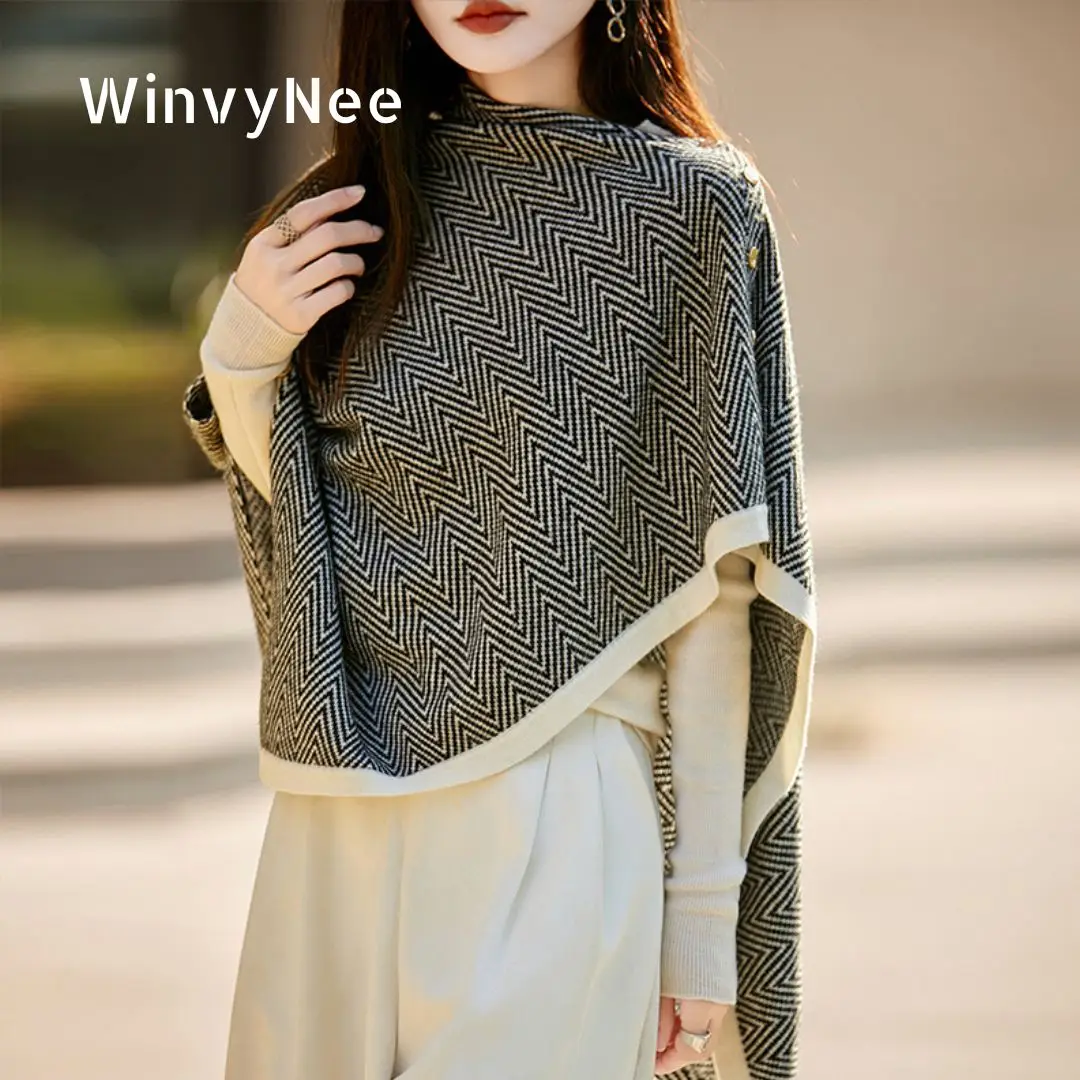 WinvyNee New Trend Large Shawl Scarf 100% Wool Women Knitted Accessories Cape Casual Warm Cappa Cozy Coats Black Gray G1673001