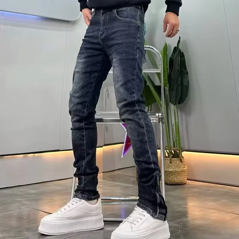 Men Dark Blue Stretch Denim Jeans Slim Straight Fashion Ankle Zipper Design Casual Daily Versatile Long Trousers