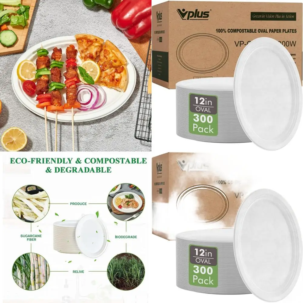 

100% Compostable 12 Oval Paper Plates, Super Strong, Eco-Friendly for Outdoor Events & Gatherings