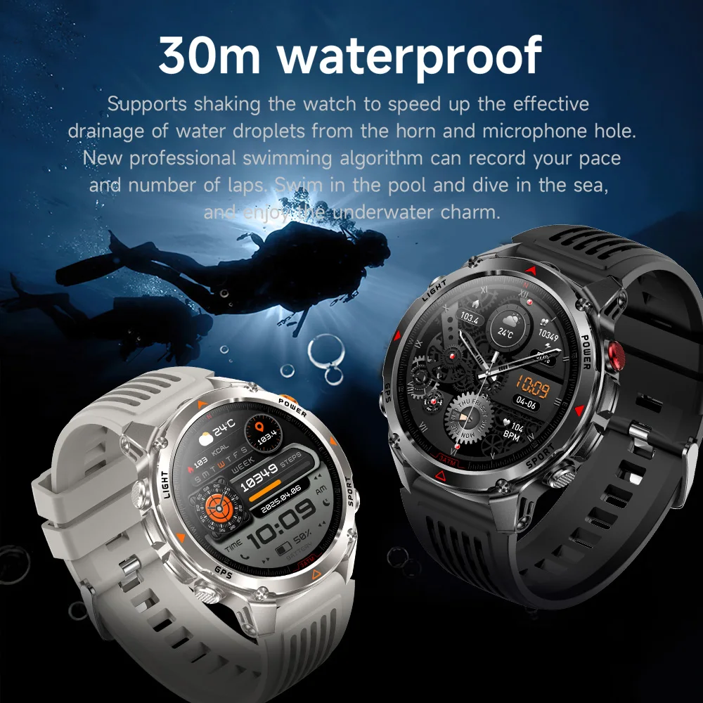 원렉스 남성용 스마트워치 내장 GPS 아웃도어 스포츠 스마트워치 플래시라이트 IP68 방수 나침반 100+ 스포츠 모드 팔찌