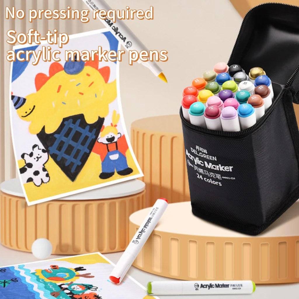

DELGREEN 24-Color Soft-Tip Acrylic Marker Pens 24-Color Waterproof for Canvas Stone Student Quick-Drying DIY Art Creation