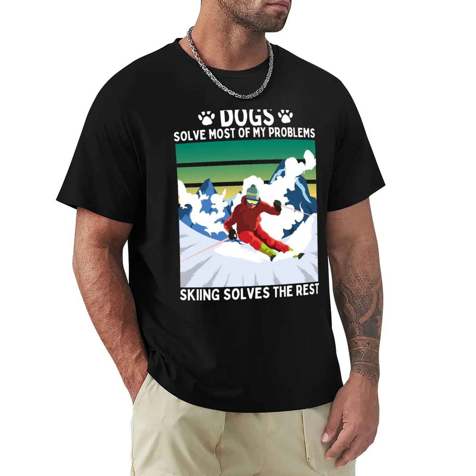 Dogs Solve Most of my Problems Skiing Solves the Rest T-Shirt Soft Casual Short Sleeve Cotton Tee