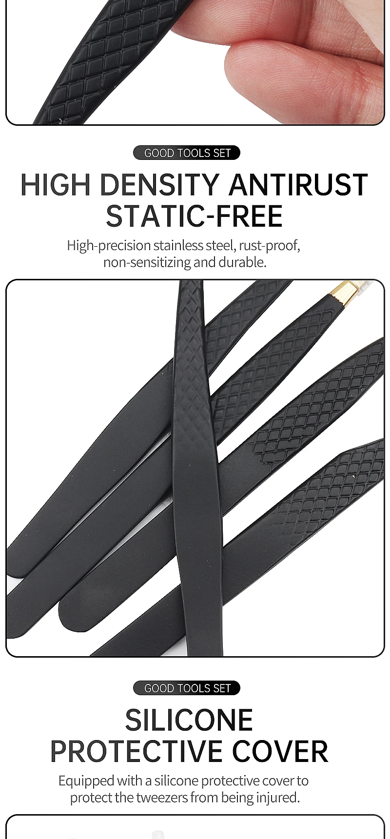 Wimpernpinzette, schwarzer Edelstahl, superharte Präzision, antistatische Pinzette, Pfropfen von Wimpern, Verlängerungszubehör, Make-up-Werkzeuge – Detail 3