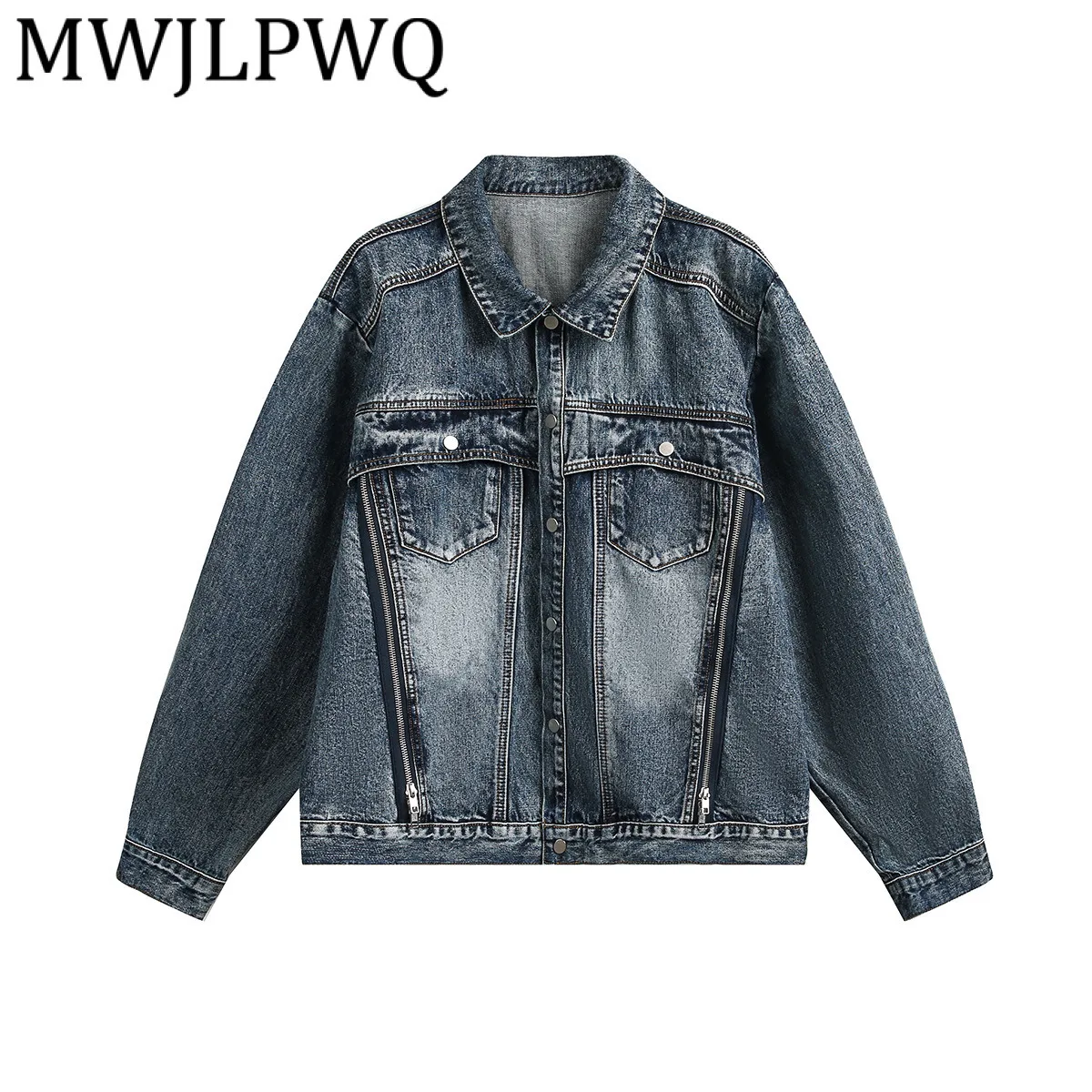

MWJLPWQ Мужская потертая спецодежда в американском стиле, джинсовая куртка на молнии, уличное пальто со сращенными лацканами, новинка осени 2024, 21274