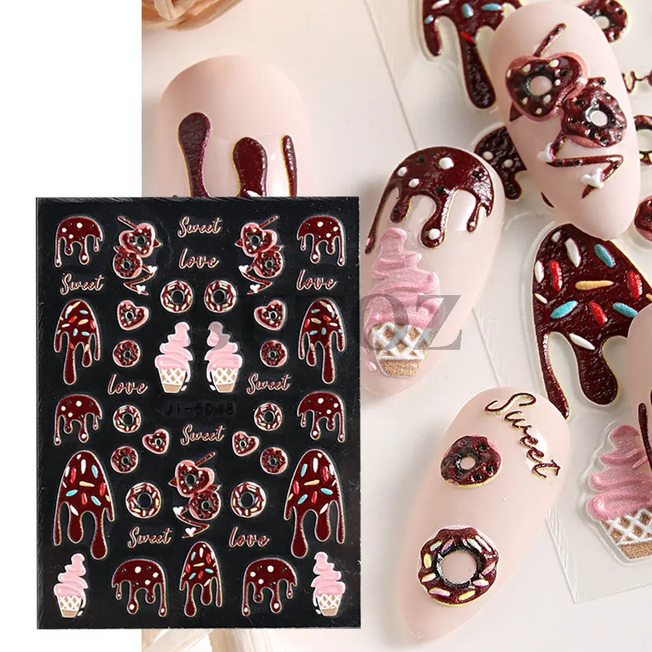 5D stereoscopico Dessert Nail Art Pink Donuts Cake Candy Ice Cream Chocolate Nail Stickers Kawali Cartoon Decoration LEJI-5D50