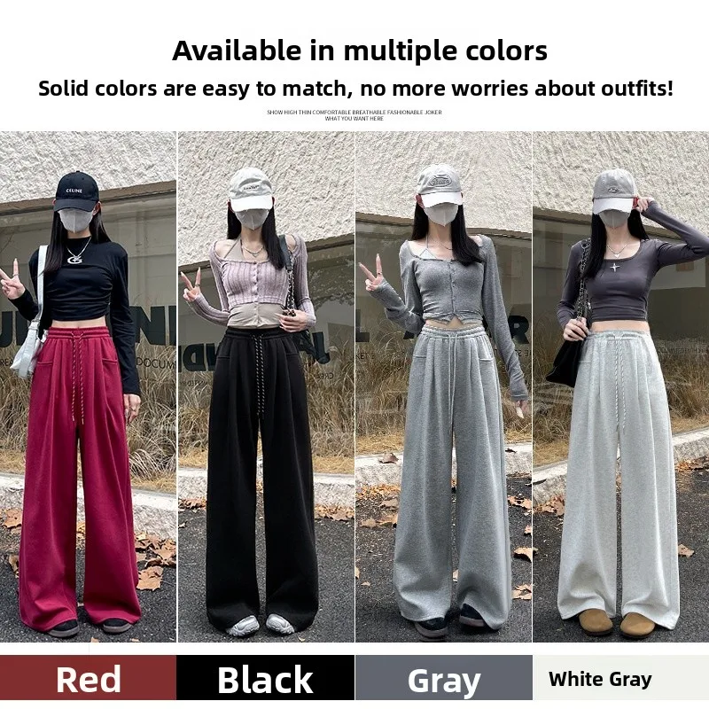 High Waist Fleece Lined Wide Leg American Style Women's Sport Pants Asymmetrical Casual Trousers for Autumn Winter