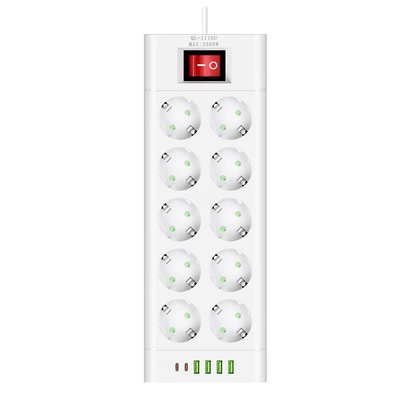 EU Plug Stekkerdoos DC Outlet Verlengsnoer 6/8/10 Stopcontact met 4 USB 2 Type-C Poorten Ondersteuning 2500 W Huishoudapparatuur