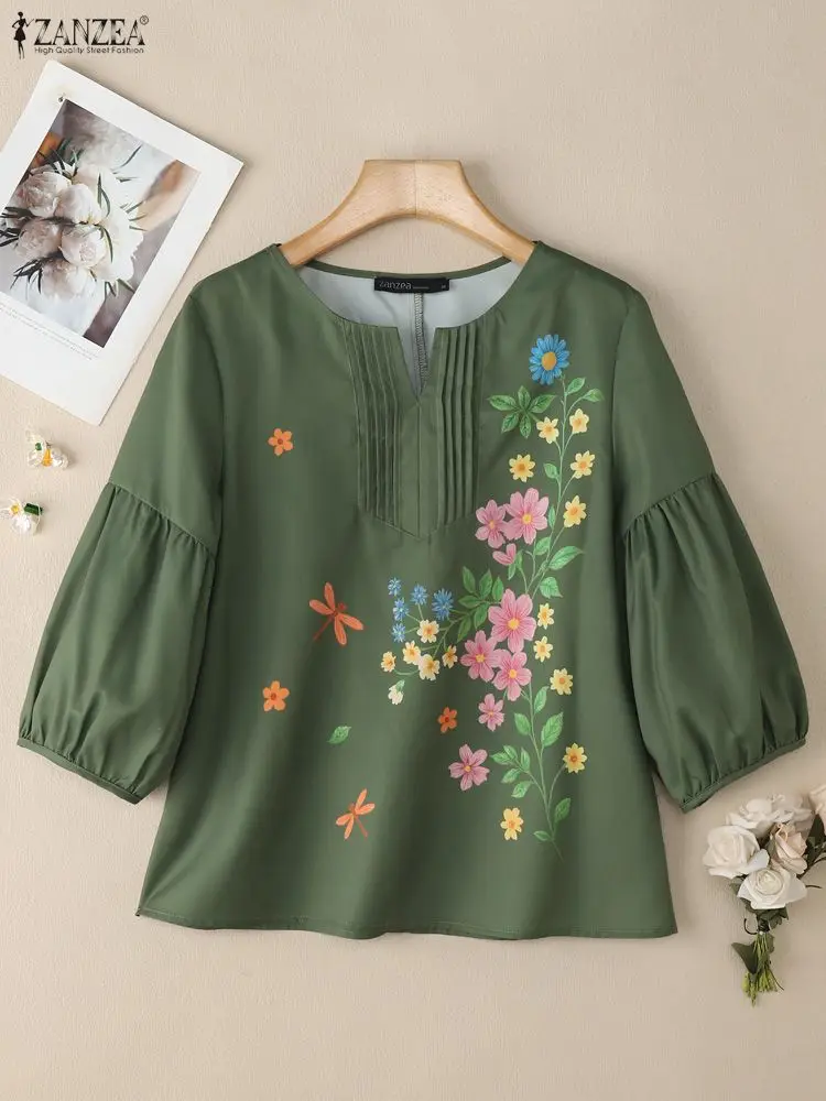 2025年 ザンゼア 秋 レディース トップス エレガント ワークシャツ カジュアル 長袖 花柄プリント ブラウス Oネック ルーズ ブラウス チュニック オーバーサイズ