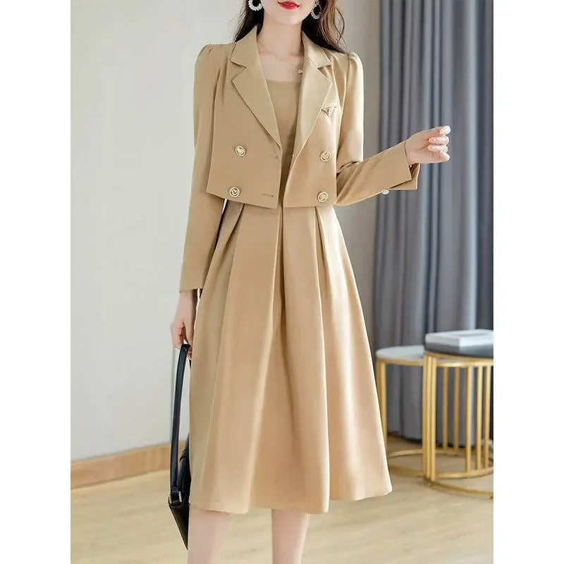 

Women's Hepburn Lapel Blazer Suit Dress, Elegant Black Coat, High Waist Strap, Pleated Dress, Korean, Elegant, Office, Autumn