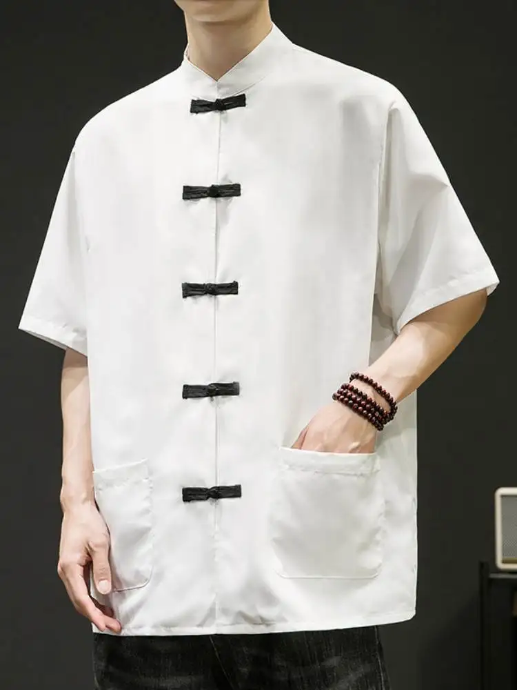 

White Ice Silk Short Sleeve Shirt Men's Vintage Button up Tang Suit New Chinese Style Thin Loose Fit Youthful Summer Shirt