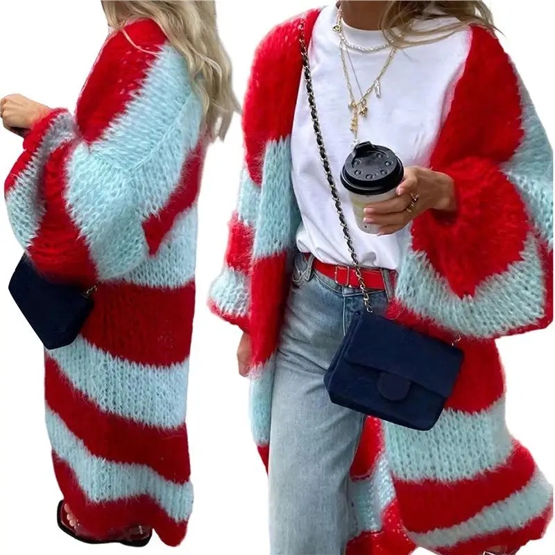 

A59Z-Females Color Block Striped Cardigan Sweaters Loose Knitted Long Open Front Cardigan Red M