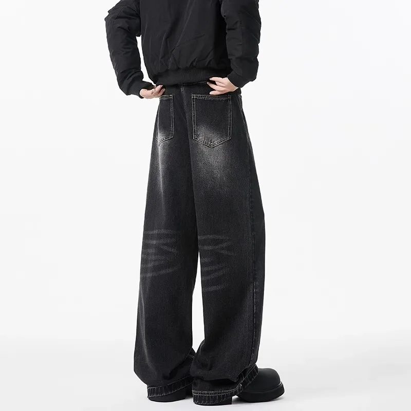 

2 Colors Autumn Vintage Distressed Men's Baggy Straight Jeans Fashion Korean High Street Denim Pants Streetwear Male Trousers